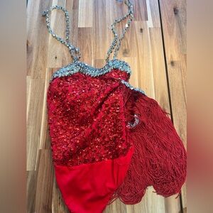 Costume Gallery Red and Silver Sequins Fringe Dance Showgirl Outfit Adult Medium